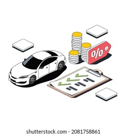 Car Rental, Coins Interest, Clipboard Document Checkmark. Vector 3d Sketch Line Isometric Style, Color Icon Illustration. Creative Design Idea And Infographics Elements.