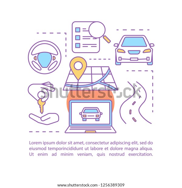 Car rental concept linear illustration. Rent\
automobile. Article, brochure, magazine page layout. Auto leasing.\
Car hiring. Thin line icons with text boxes. Print design. Vector\
isolated drawing