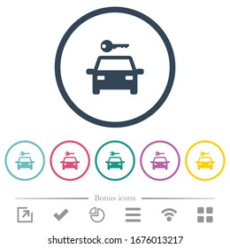 Car rental flat color icons in round outlines. 6 bonus icons included.