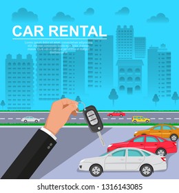 Car rental. A hand with the ignition key against the background of the city. The invitation to a trip. Favorable offer. Colourful banner. A vector illustration in flat style.