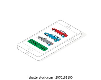 Car rental online. Isometric image of a smartphone with online car rental app. Concept.