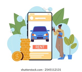 Car rental online. Woman near smartphone with automobile. Credit and loan, agreement. Transport and vehicle. Urban infrastructure. Travel and trip. Flat vector illustration