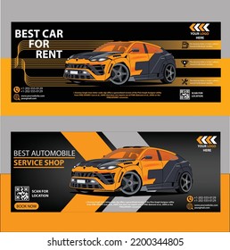 Plantilla de banner para publicación de anuncios de promoción de alquiler de coches. Plantilla de banner moderna con ilustración vectorial Diseño de plantillas de banner horizontal para seminarios web empresariales. Diseño moderno de banners para empresas y alquiler de coches