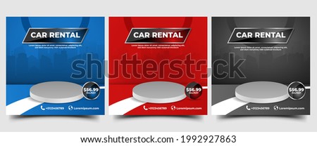 Car rental promotion social media post banner template. Modern banner template with podium illustration.