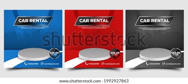 Car rental promotion\
social media post banner template. Modern banner template with\
podium illustration.
