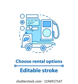 Car rental properties concept icon. Car service idea thin line illustration. Auto leasing. Gas station and tow truck. Vector isolated outline drawing. Editable stroke