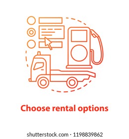 Car rental properties concept icon. Car service idea thin line illustration. Auto leasing. Gas station and tow truck. Vector isolated outline drawing