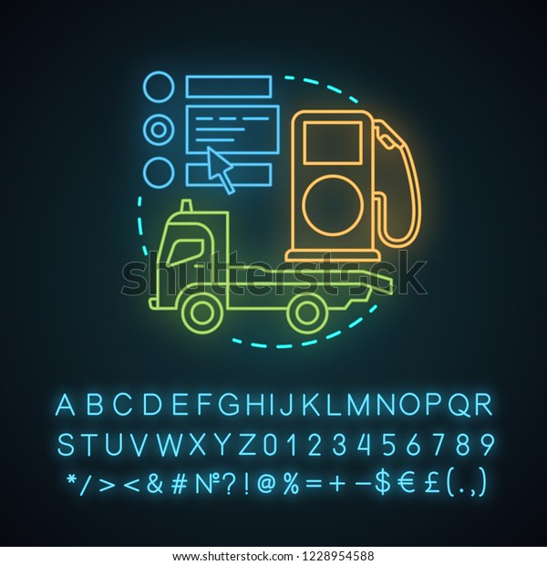 Car\
rental properties neon light concept icon.  Car service idea. Auto\
leasing. Gas station and tow truck. Glowing sign with alphabet,\
numbers and symbols. Vector isolated\
illustration