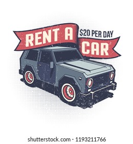 Car rental retro logo with SUV. Grunge worn texture on separate layer.
