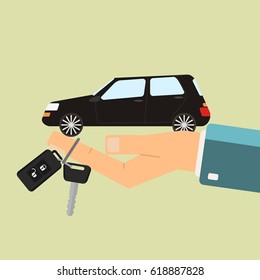 Car rental or sale concept. Hand hold car and car key. Vector illustration.