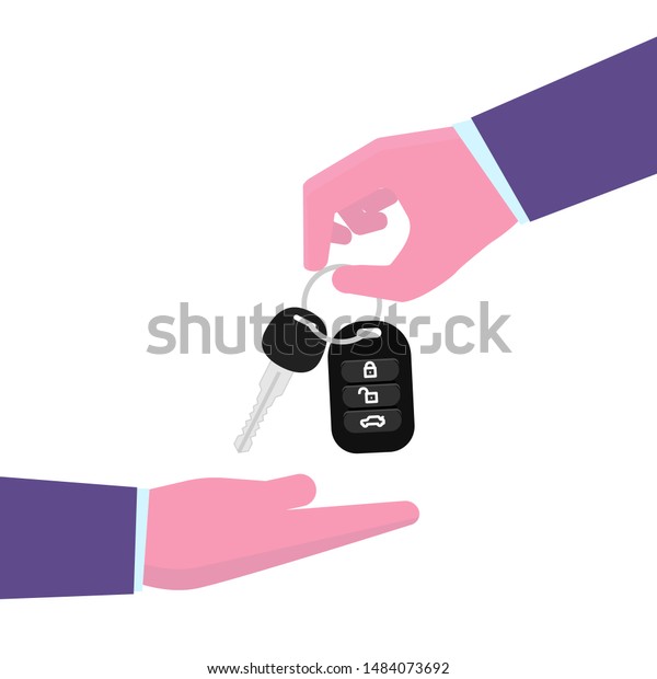 Car rental or sale concept.  Hand giving Car\
key other hand. Vector\
illustration