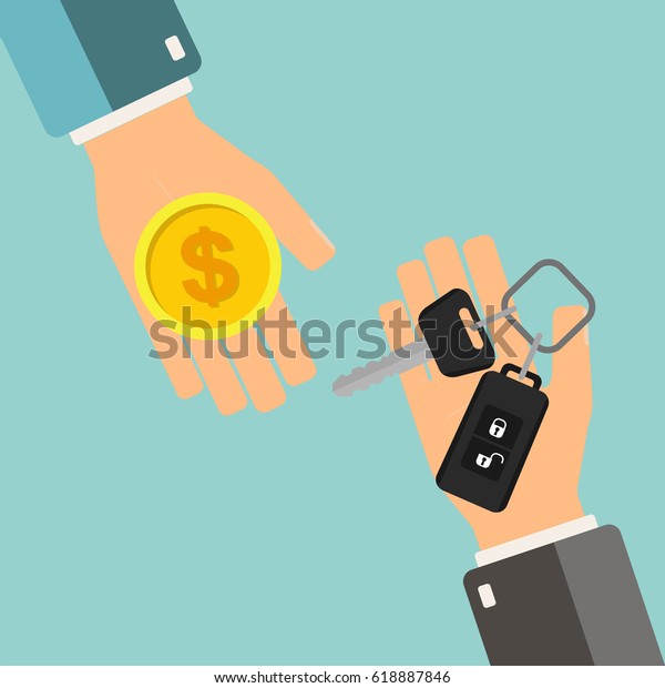 Car rental or sale concept.\
Hand holding car key, another hand holding money. Vector\
illustration.
