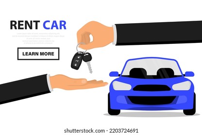 Car rental or sale concept. Car sharing service. Hand giving car keys to another hand. Selling, leasing, test drive or renting car service. Modern flat vector illustration isolated on white background