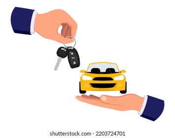 Car rental or sale concept. Car sharing service. Hand giving car keys to another hand. Selling, leasing, test drive or renting car service. Modern flat vector illustration isolated on white background