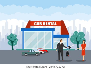 Car rental, car rental salon. A man hands a woman his car keys. Vector, cartoon illustration. Vector.