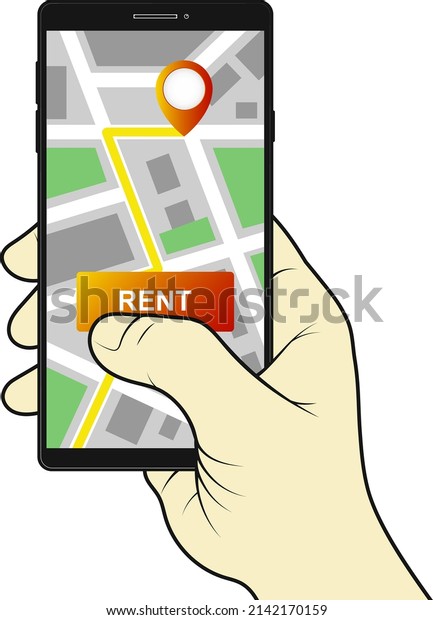 Car rental search by phone. Phone in hand looking\
for car rental