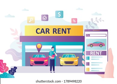 Car rental service. Garage building with modern autos. Handsome salesman or dealer at work. Human hand uses smartphone with car sharing or rent application. Horizontal banner. Flat vector illustration