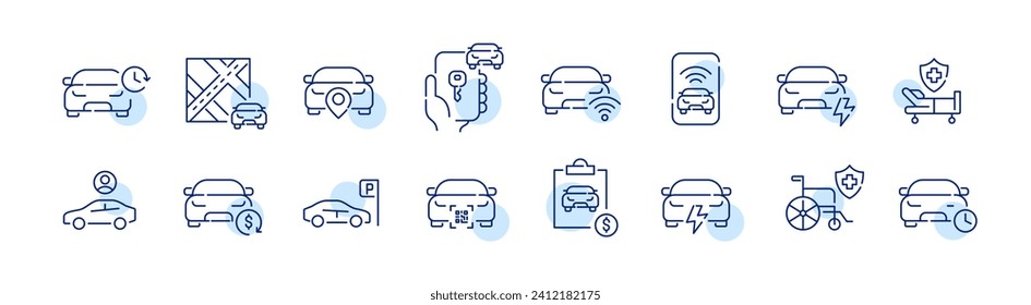 Car rental service icons set. Parking, medical assistance, qr code unlock and airport pick-up. Pixel perfect icons