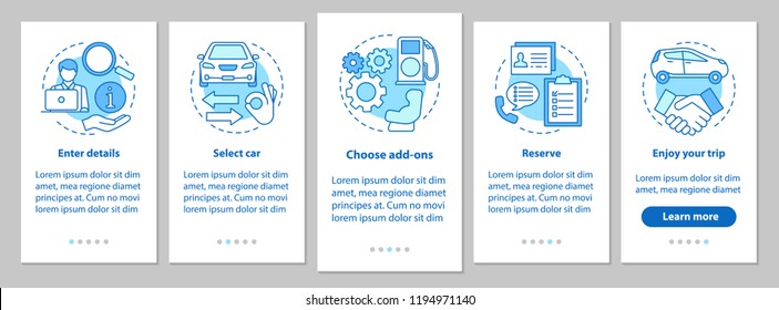 Car rental service onboarding mobile app page screen with linear concepts. Auto leasing steps graphic instructions. Rent a car. UX, UI, GUI vector template with illustrations