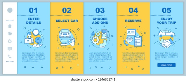 Car rental service onboarding mobile web pages vector template. Auto leasing. Responsive smartphone website interface with linear illustrations. Rent a car. Webpage walkthrough screens. Color concept