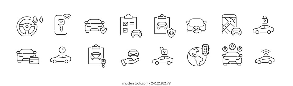 Car rental service and sharing. Global business, checklist and insurance. Pixel perfect icons