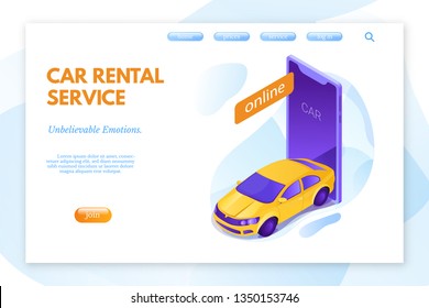 Car rental service vector landing page template. Vehicle online booking system. Yellow new compact car isometric 3D illustration. Transport selling and buying. Automobile sharing service