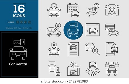 Conjunto de iconos de alta calidad que son adecuados para el alquiler de coches. Y cambia tus próximos proyectos con un diseño de íconos minimalista, perfecto para Sitios web, App móviles, libros, redes sociales