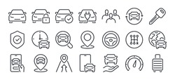 Car Rental And Sharing Concept Editable Stroke Outline Icons Set Isolated On White Background Flat Vector Illustration. Pixel Perfect. 64 X 64.