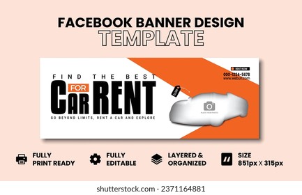 Car rental social media Facebook cover banner template, Luxury car rent web banner template, Facebook cover banner design.