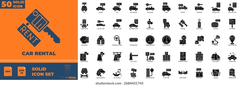 Conjunto de iconos editables sólidos de alquiler de coches. Ilustración vectorial en estilo sólido delgado moderno de los iconos del alquiler de coches: auto, vehículo, alquiler, etc