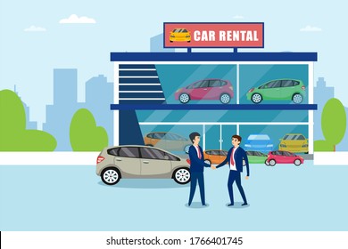 Car rental vector concept: businessmen shaking hands in front of the car rental showroom