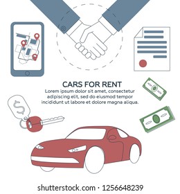 Car rental web banner with handshake, money, driver's license, mobile app, map, keys, car, web button and place for your text. Cars for rent vector concept with blue and red flat elements