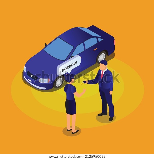 Car renting concept - Woman gets a car key\
isometric 3d flat vector illustration concept for banner, website,\
landing page, ads, flyer template,\
etc