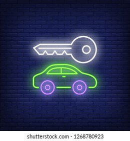 Car renting neon sign. Glowing car with key on brick wall background. Vector illustration can be used for topics like car service, rent, business