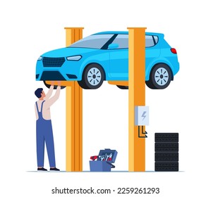 Car repair. Auto mechanic near the car lifted on autolifts. Vector illustration of a flat design