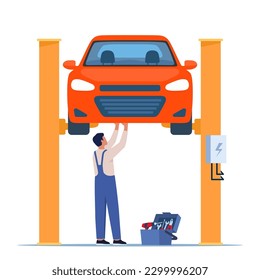 Car repair. Auto mechanic near the car lifted on autolifts. Vector illustration of a flat design