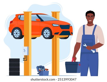 Reparação de carro. Auto mecânico perto do carro levantado em autoelevadores. Ilustração vetorial de um design plano