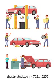 Car repair auto service with mechanic characters in uniform vector set. Mechanic repair car, automobile maintenance illustration