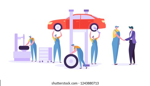 Car Repair Auto Service. Professional Mechanic Characters in Uniform Changing Tyres. Automobile technical maintenance concept. Vector illustration