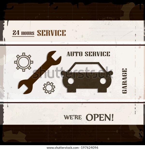 Car repair auto service vintage poster with twenty\
four hours service text and garage symbols retro design background\
or poster