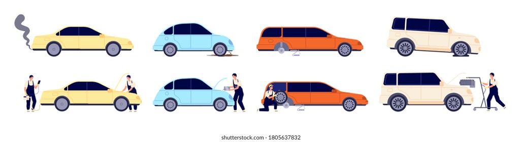 Car repair. Auto services, diagnostic wheels maintenance. Auto mechanic working with automobile, transport troubleshoot vector illustration