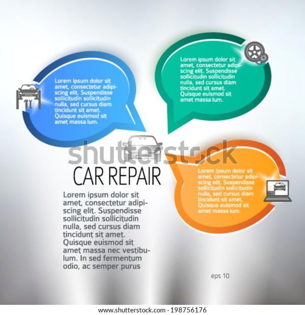 Car repair background with icons design elements on gray\
blur glowing background with bubble speak place for text. Business\
presentation template for vehicle service newsletter. Vector eps 10\
