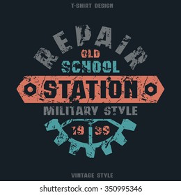 Car repair badge with shabby texture. Graphic design for t-shirt. Color print on black background