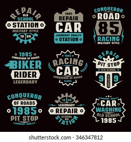 Car repair badges. Graphic design for t-shirt. Color print on black background