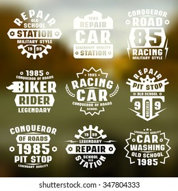 Car repair badges. Graphic design for t-shirt. White print on blurred background