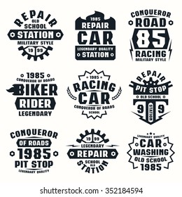 Car repair badges. Graphic design for t-shirt. Black print on white background