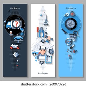 Car repair banners vertical set with spares repair and diagnostics elements isolated vector illustration