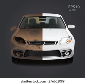 Car repair before and after concept. Color 3d vector creative illustration. Advertising idea.