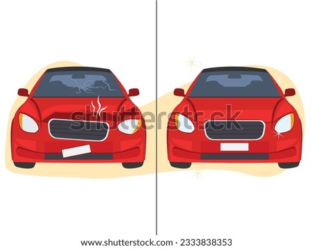 Car repair, before and after the repair of the crashed car.