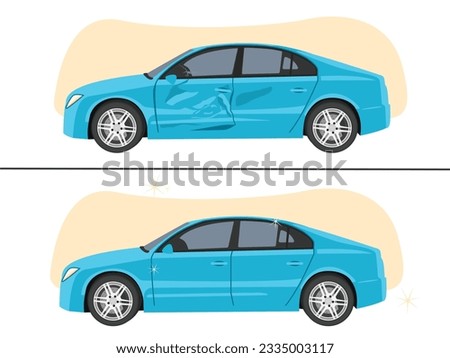 Car repair, before and after the repair of the crashed car.